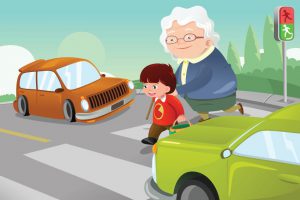 A vector illustration of kid helping senior lady crossing the street